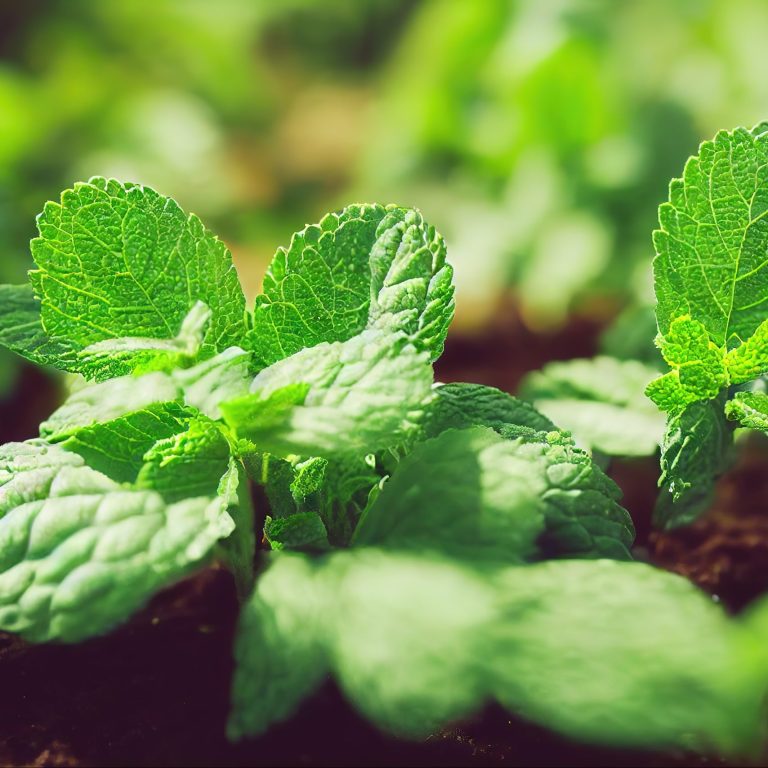 Green peppermint herb growing in ground outdoors closeup background 3D render digital illustration