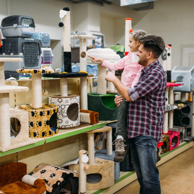 Father and little daughter buying supplies for cat in petshop. Family chooses accessories for cat in pet shop